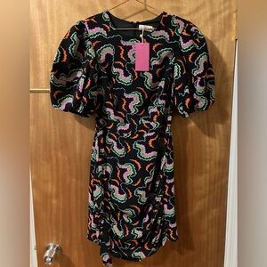 RHODE NWT Pia Puff Sleeve Mini Dress Abstract Black Size 4 Small Party Cute Fun